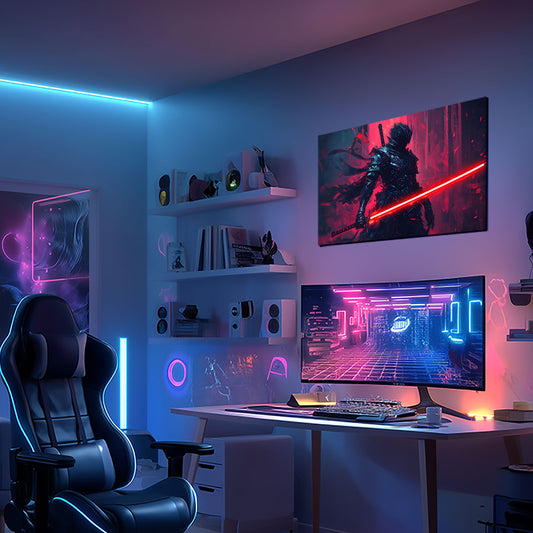 singeee black warrior red neon poster and neon sign in gaming room