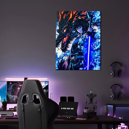 Singeee Giyuu 2 demon slayer neon poster and neon sign on the gaming room's wall