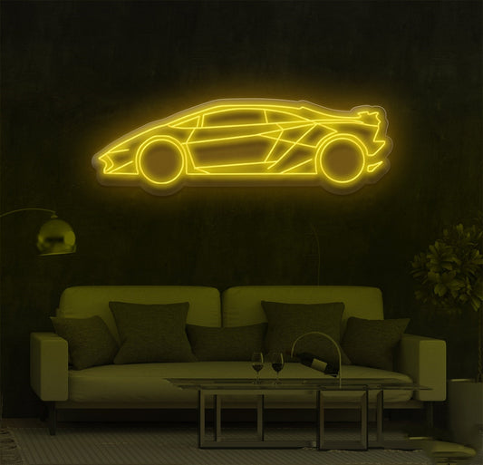 Yellow color exotic car LED neon sign displayed in living room