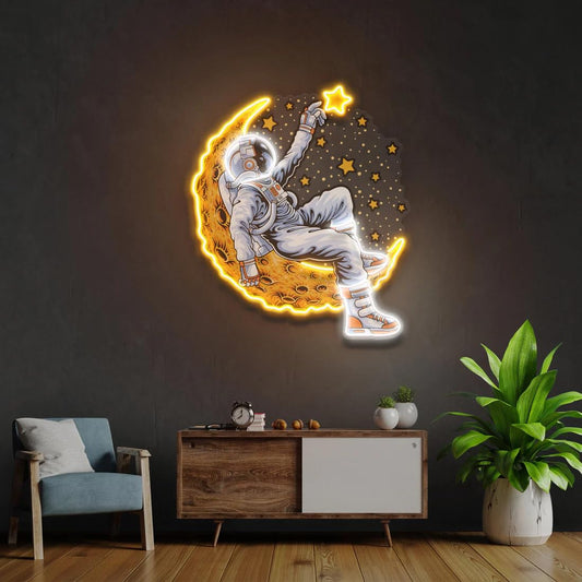 Astronaut neon sign used as space-themed wall decor in a bedroom