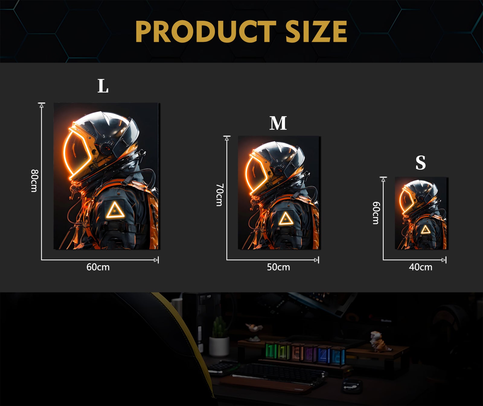 Singeee Gold Astronaut LED Art Neon Sign Neon Poster size chart