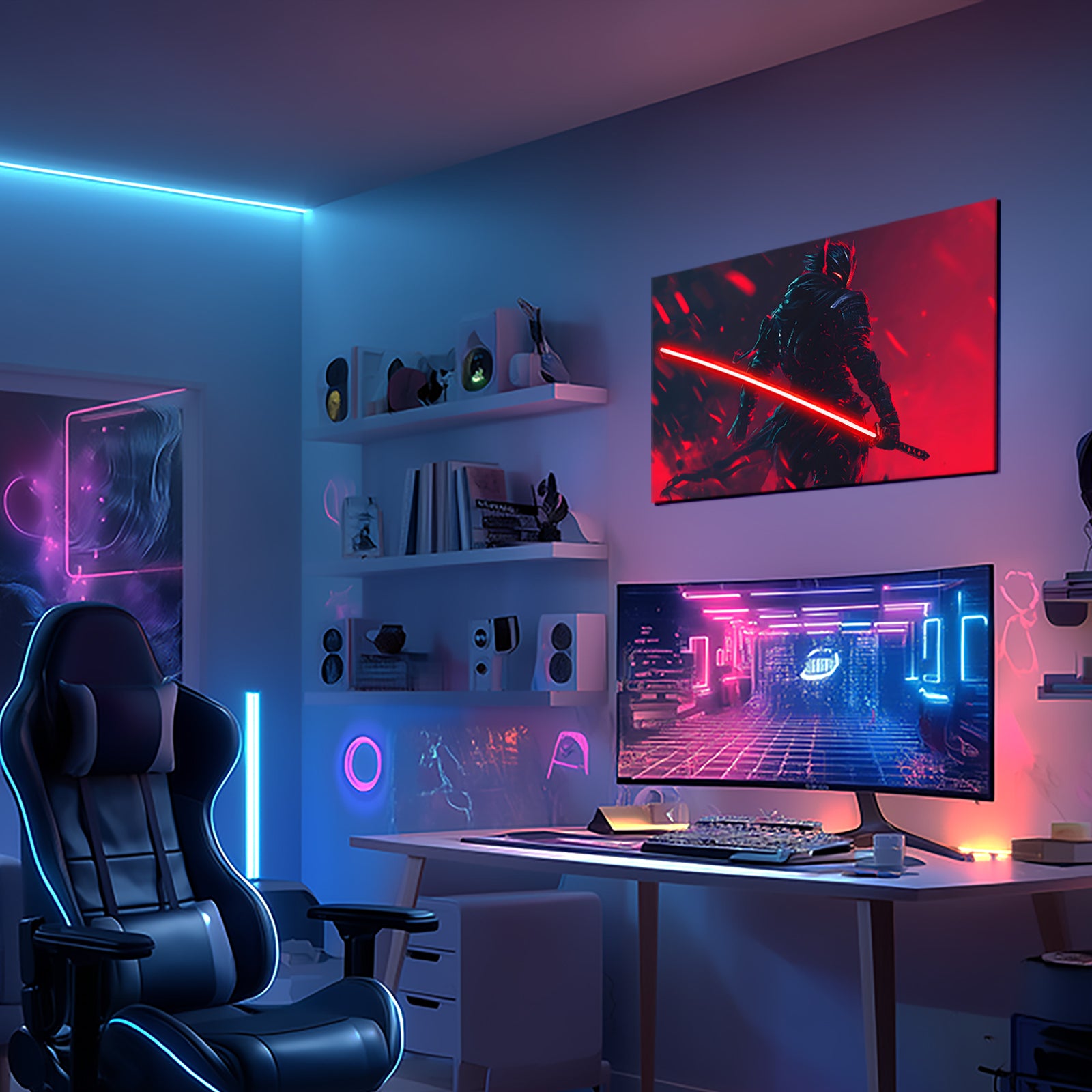 singeee black warrior with shadow neon poster and neon sign in bedroom