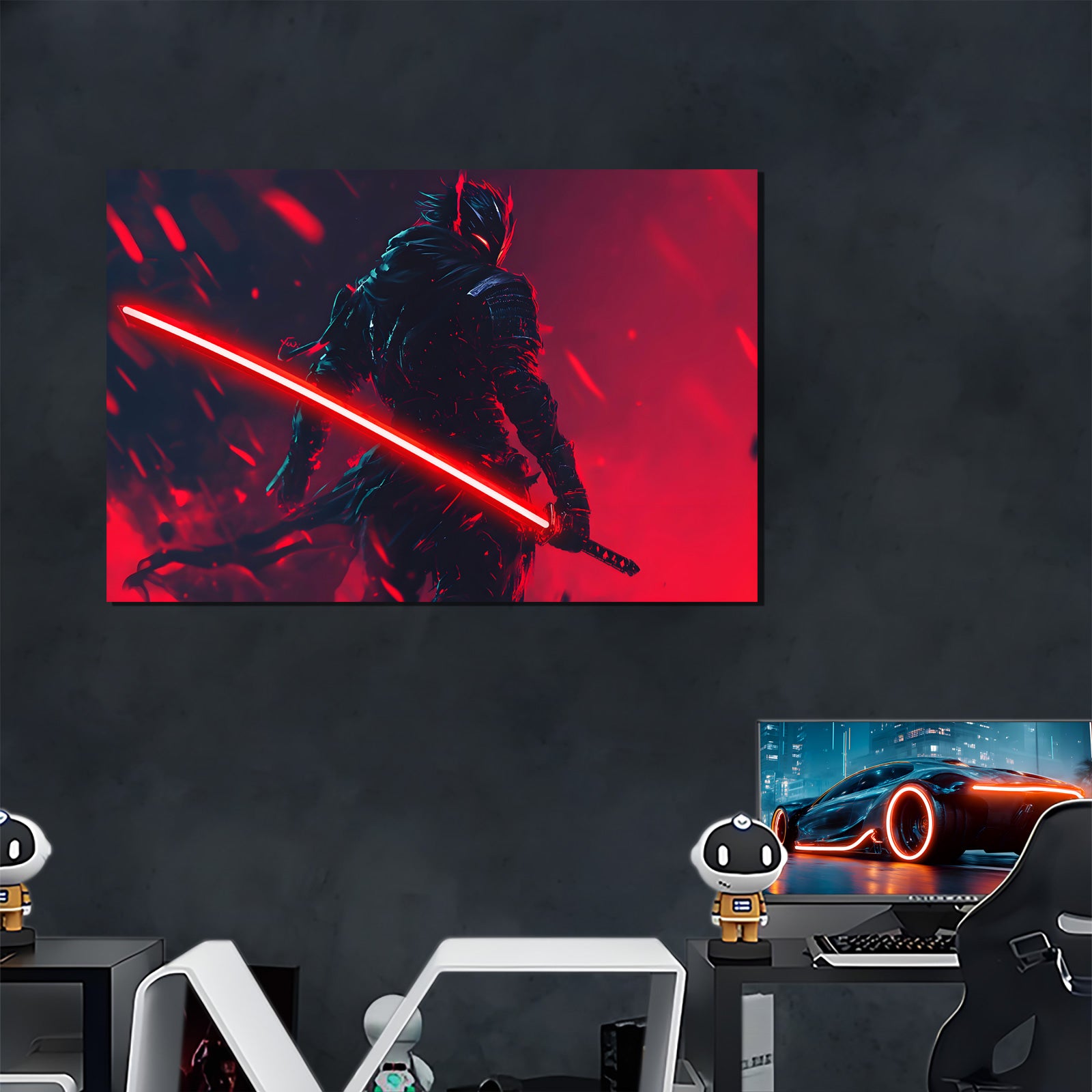 singeee black warrior with shadow neon poster and neon sign in black background