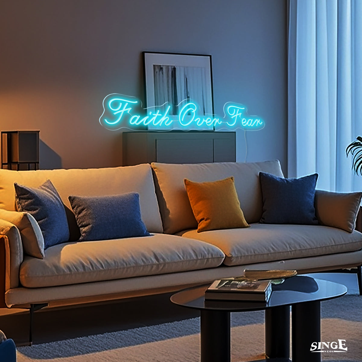 Faith Over Fear led neon sign looks warm in living room