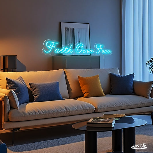 Faith Over Fear led neon sign looks warm in living room
