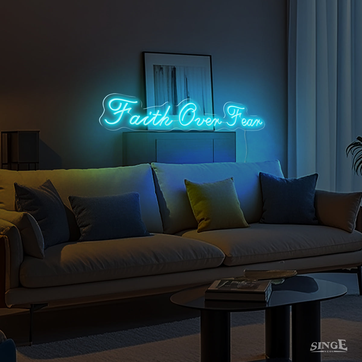 Faith Over Fear neon sign shine perfectly in the dark