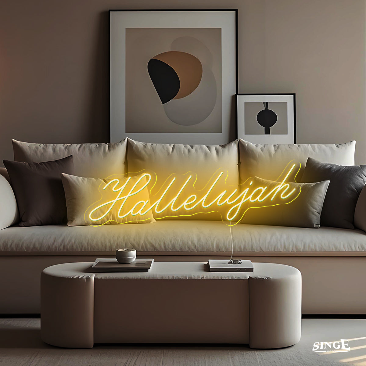 Hallelujah neon sign light up on the sofa in daytime