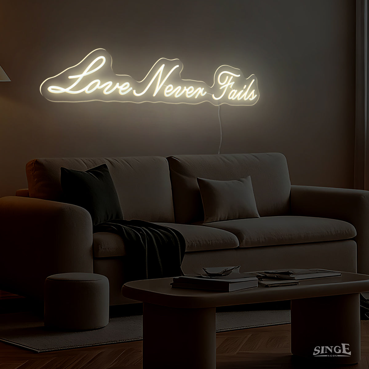 Singeee's "Love Never Fails" led neon sign light up in night in a living room