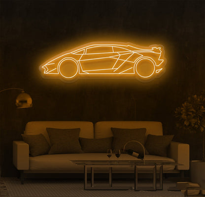 Exotic car LED neon sign displayed in living room with the orange color