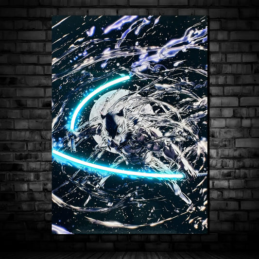 Singeee Inosuke demon slayer neon poster and neon sign  with cyan neon light 