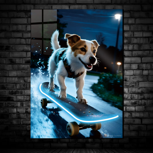 singeee skating dog 5 neon poster and neon sign in black background