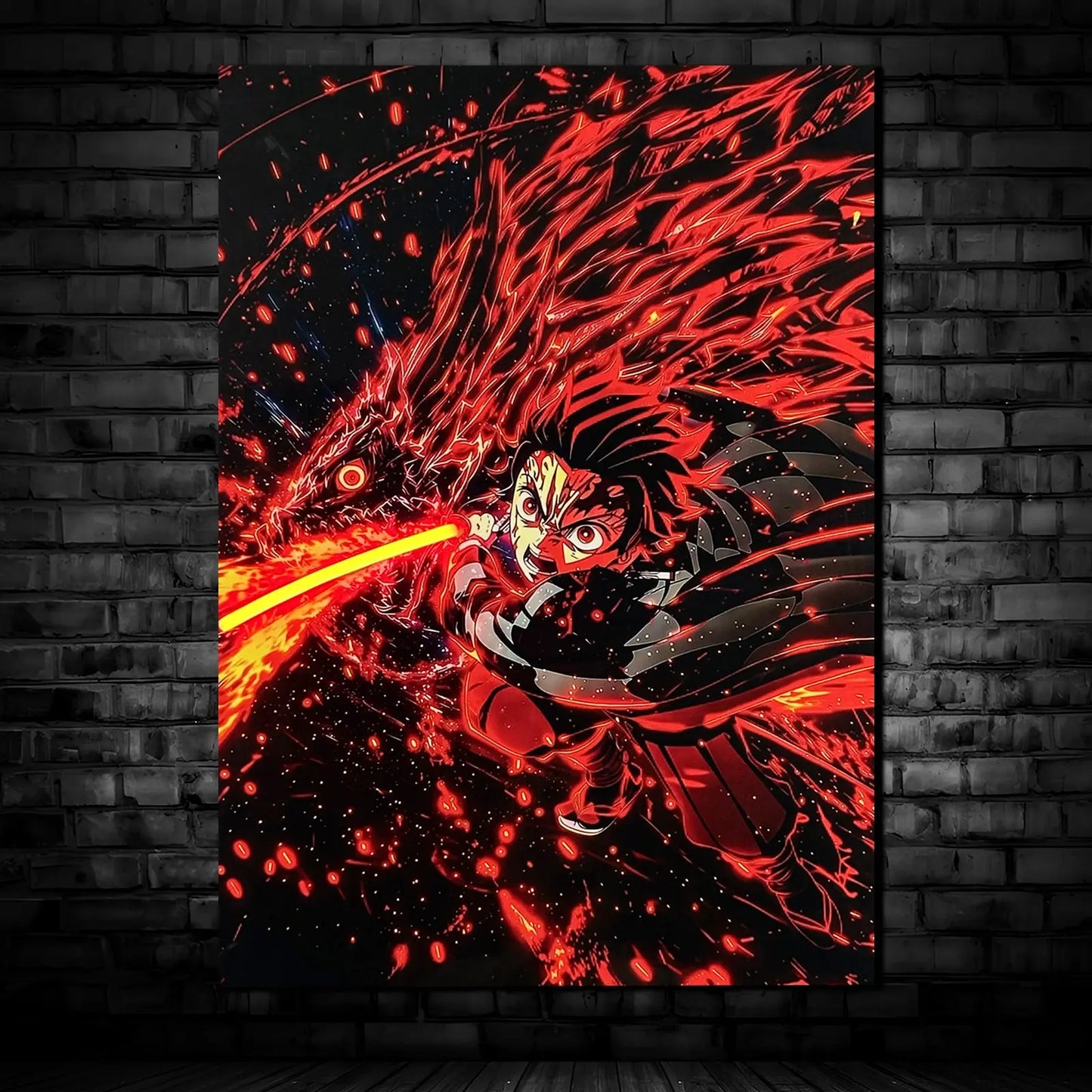 Singeee Tanjiro demon slayer neon poster and neon sign with red neon light on the slash glow