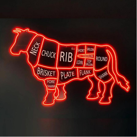 Beef cuts LED neon sign with UV printed cow diagram