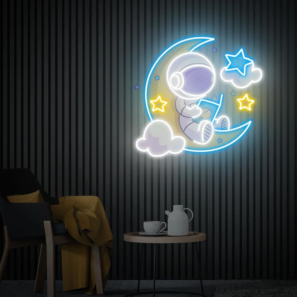 Cartoon astronaut LED sign used as space-themed wall decor