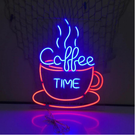 Coffee Time LED neon sign mounted in cozy café setting