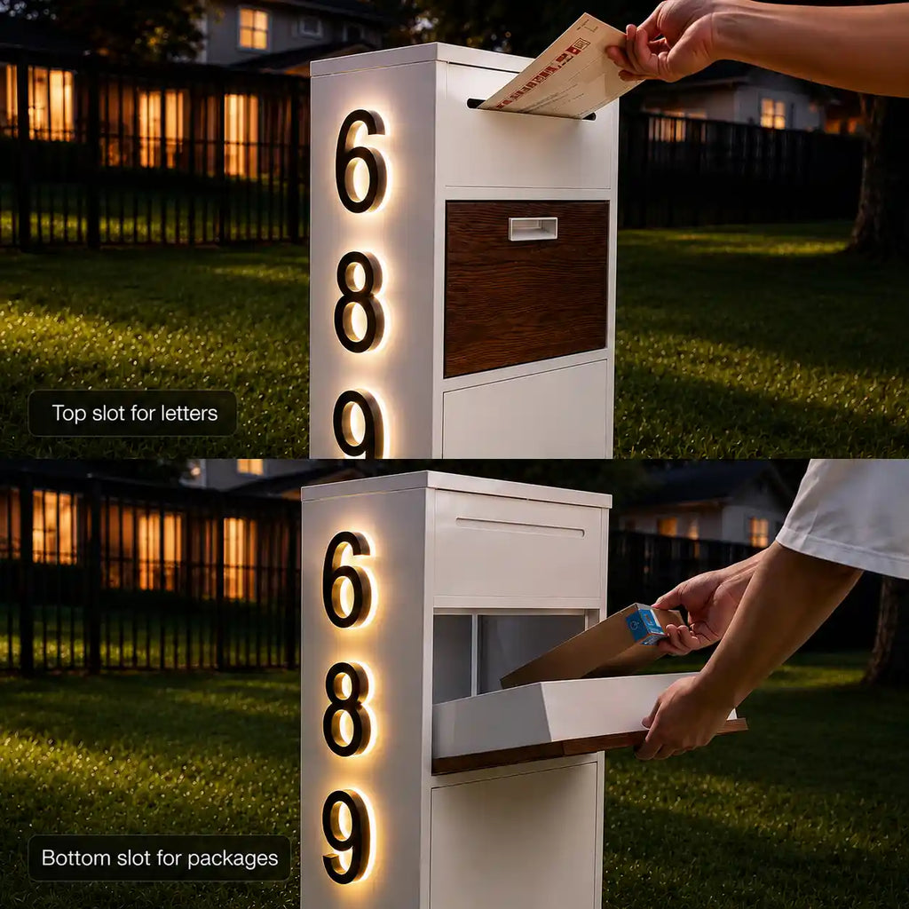 custom solar house number mailbox features a double-layered design with upper and lower sections.