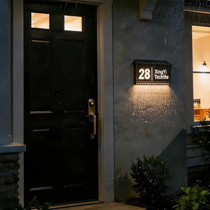singeee wireless solar powed roof led address sign in the rain