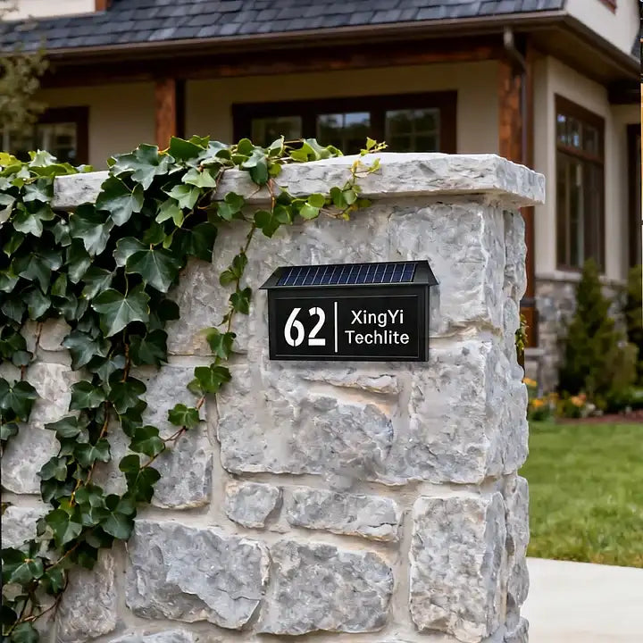 singeee wireless solar powed roof led address sign install on the rock wall