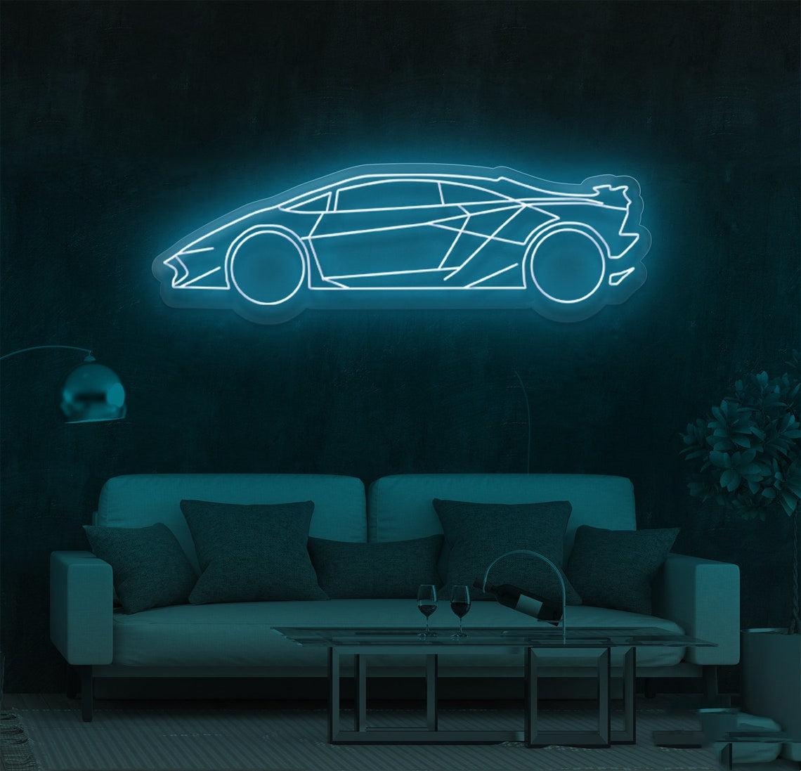 Exotic Car Neon Sign with ice blue LED lighting displayed in a living room