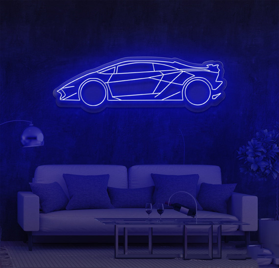 Exotic Car Neon Sign with deep blue LED lighting displayed in a living room
