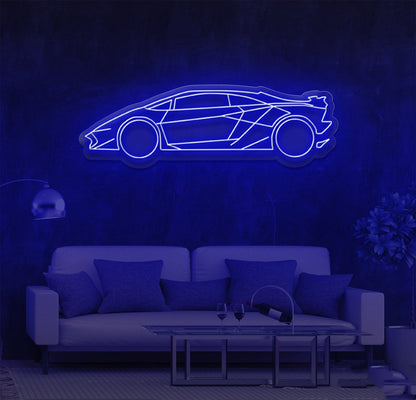 Exotic Car Neon Sign with deep blue LED lighting displayed in a living room
