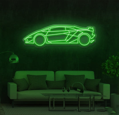 xotic Car Neon Sign with green LED lighting displayed in a living room