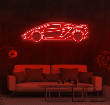 Exotic Car Neon Sign with red LED lighting displayed in a living room