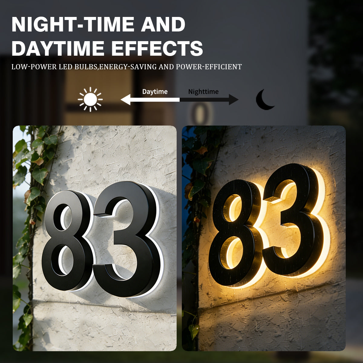 the night-time and daytime effects of led house number 