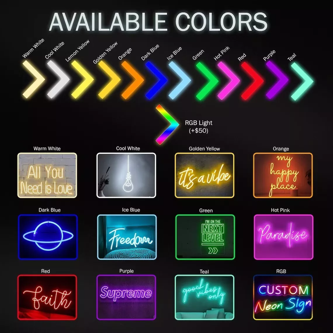 LED neon sign color options showing different light hues for custom neon designs