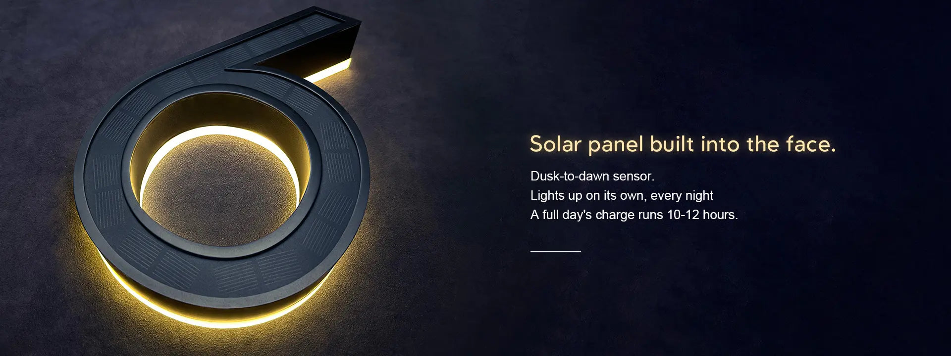 Wireless solar LED house number with built-in solar panel and warm backlighting