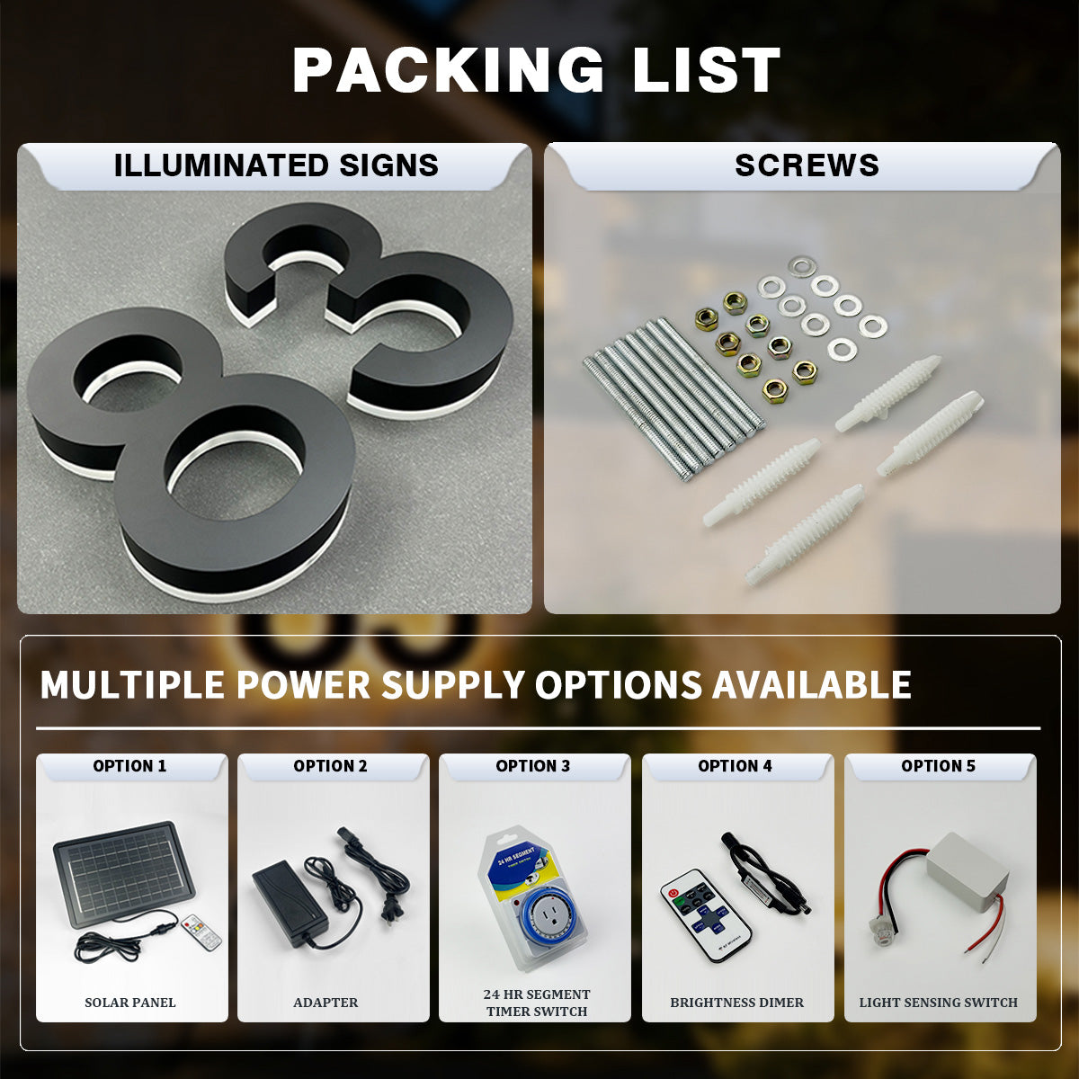 packing list and multiple power supply options available of LED house number