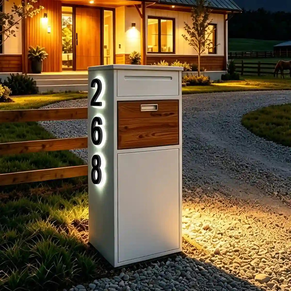 singeee custom solar house number mailbox installed in the yard