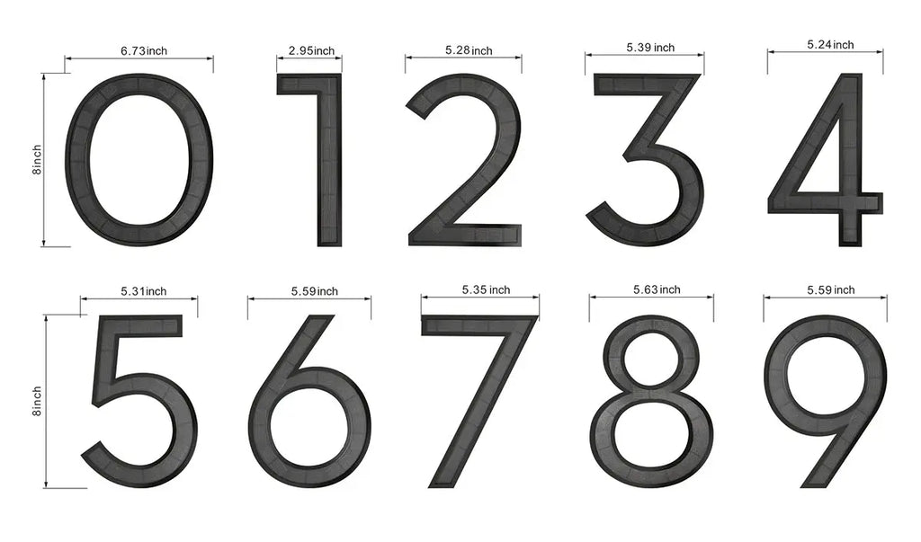 This image shows the detailed dimensions of the Singeee solar house number, including the height and width of each digit