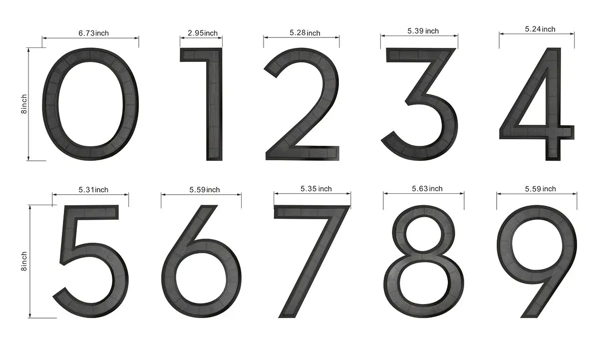 This image shows the detailed dimensions of the Singeee solar house number, including the height and width of each digit