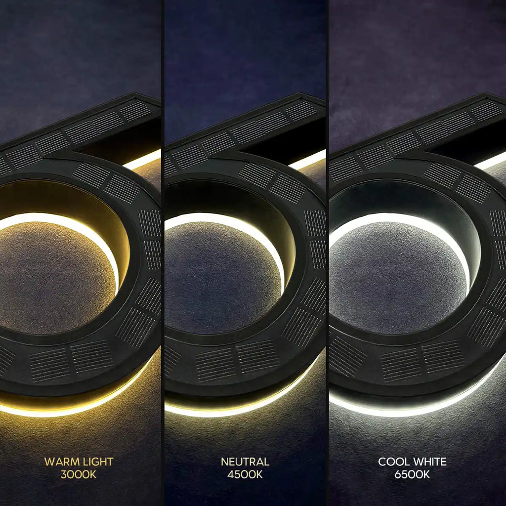 All-in-one solar LED house number with warm light, neutral white and cool white lighting options