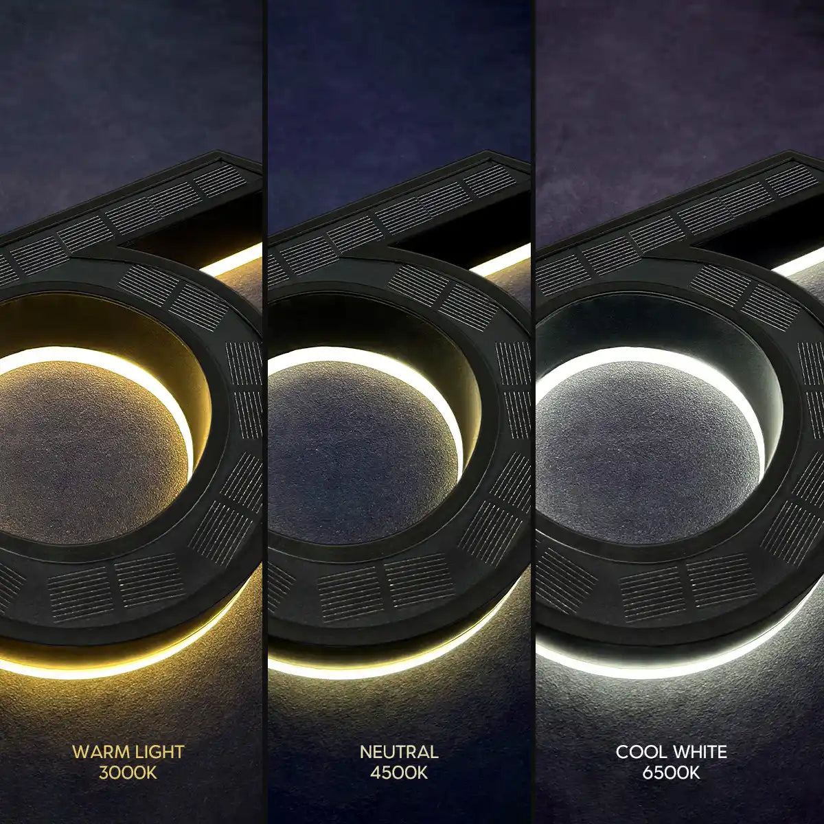 All-in-one solar LED house number with warm light, neutral white and cool white lighting options