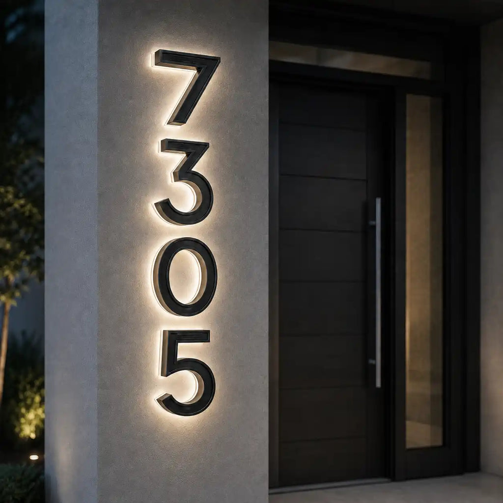 Singeee warm light solar house number 7305 were installed in front of a modern house door