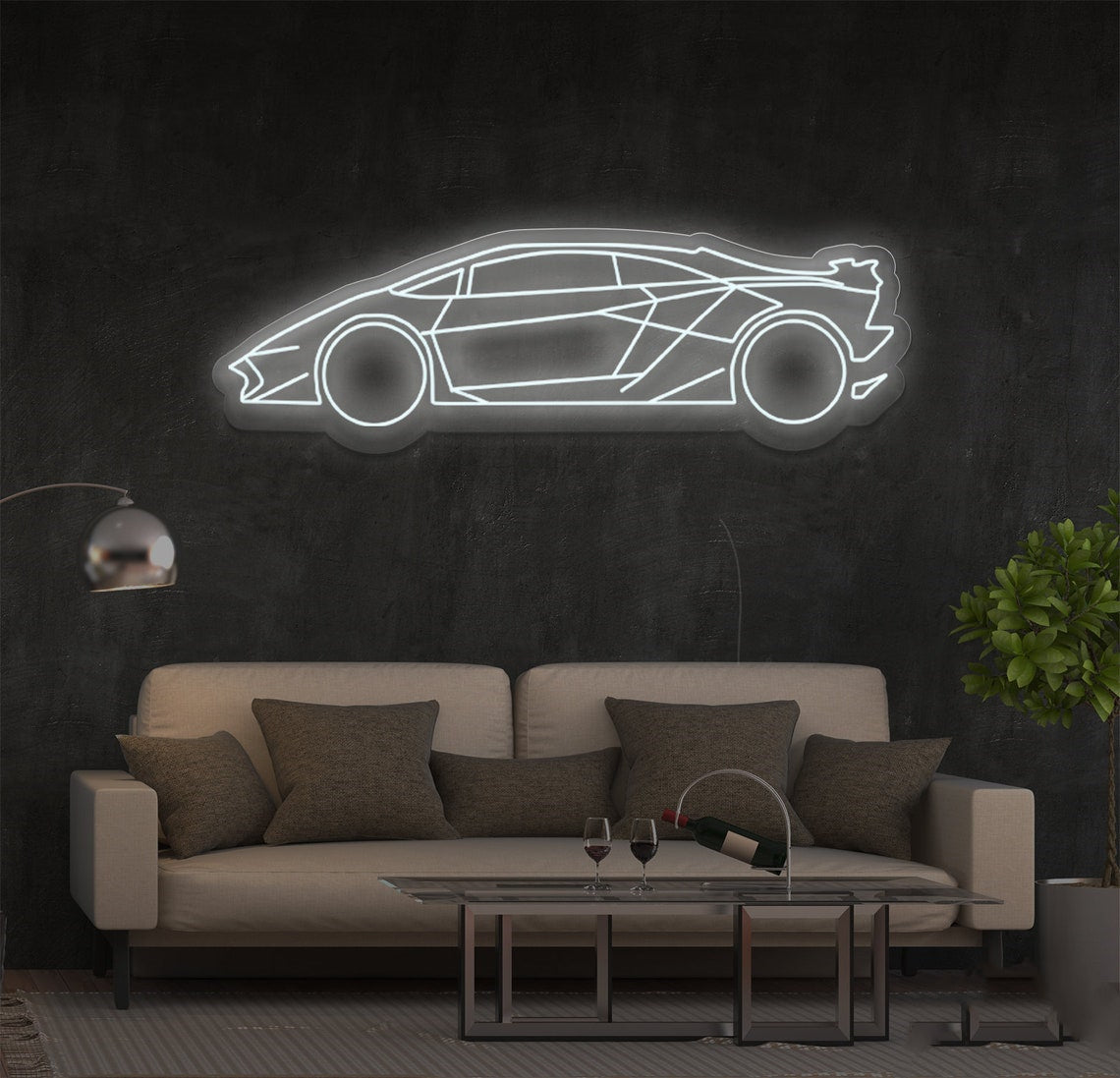 Detailed view of exotic car silhouette LED neon sign